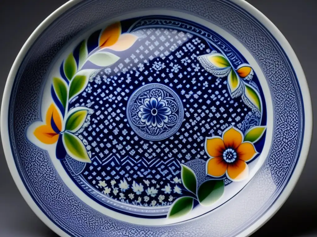 Detalle de un plato de porcelana pintado, fusionando motivos culturales con elegancia