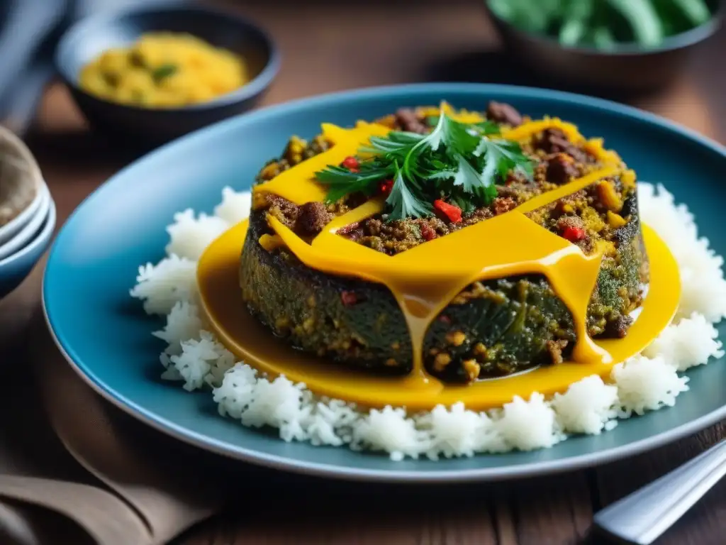 Detalle de un plato de bobotie sudafricano rodeado de especias vibrantes, mostrando la influencia del apartheid en recetas históricas