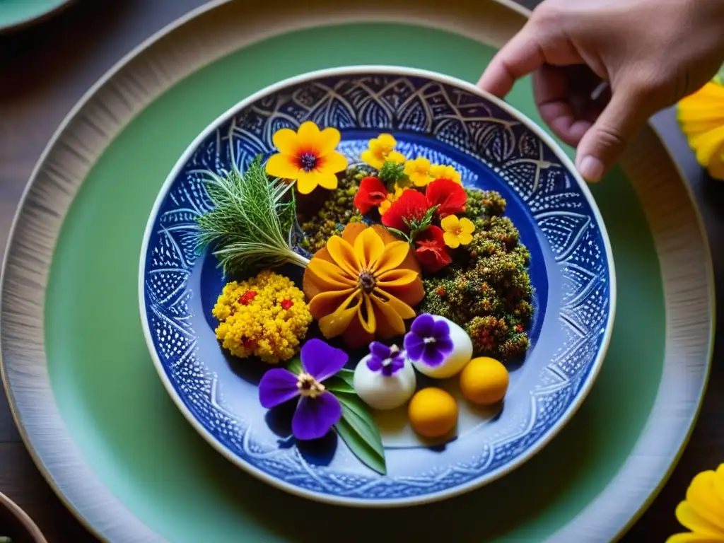 Detalle de un plato vibrante con fusión culinaria postcolombina documentada