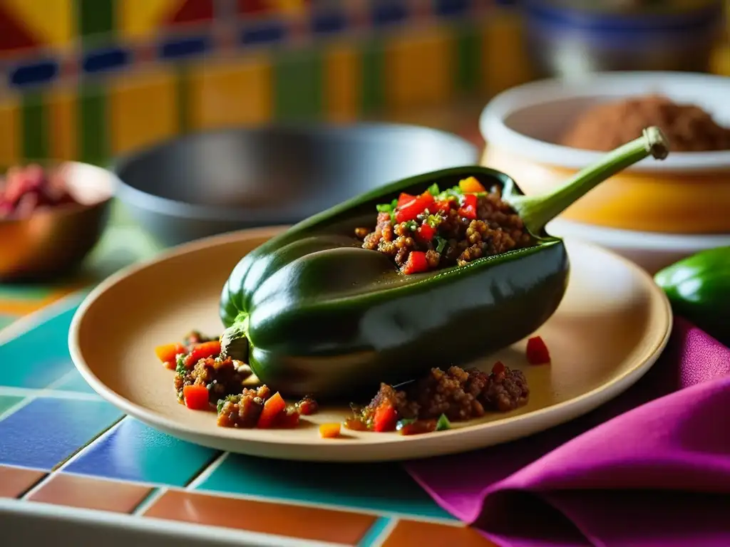 Detalle del chile poblano relleno en cocina mexicana tradicional