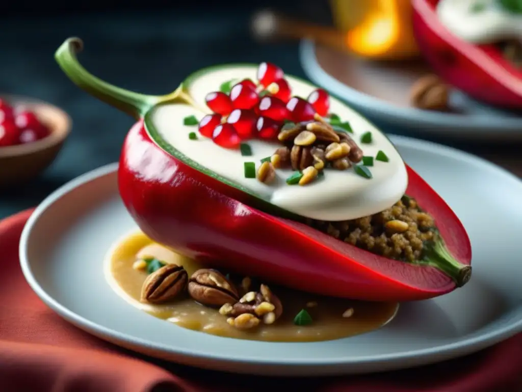 Detalle de un chile poblano rojo relleno con salsa de nuez y semillas de granada