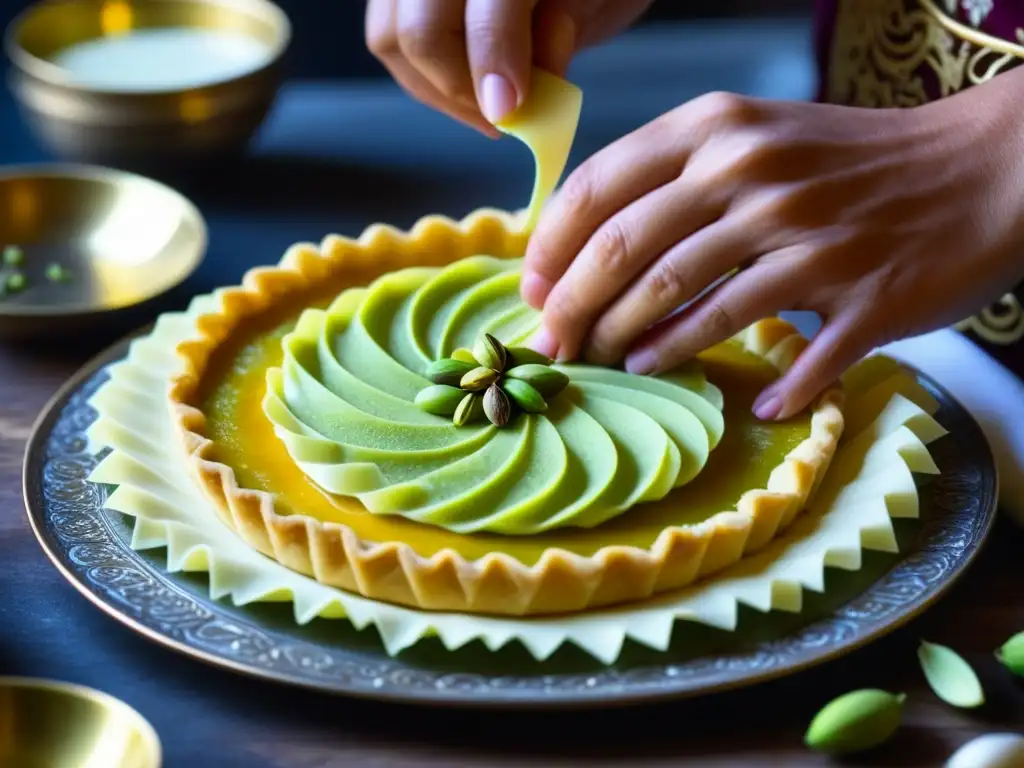 Detalle de preparación de postre lácteo otomano histórico, Güllaç, con capas finas de masa, leche de rosas y pistachos