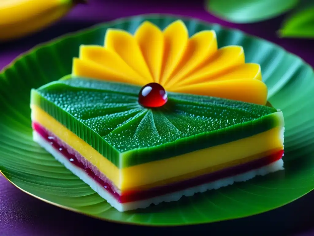 Detalle de un postre tradicional Kueh de Singapur, resaltando sus capas, colores y texturas, presentado en una hoja de plátano