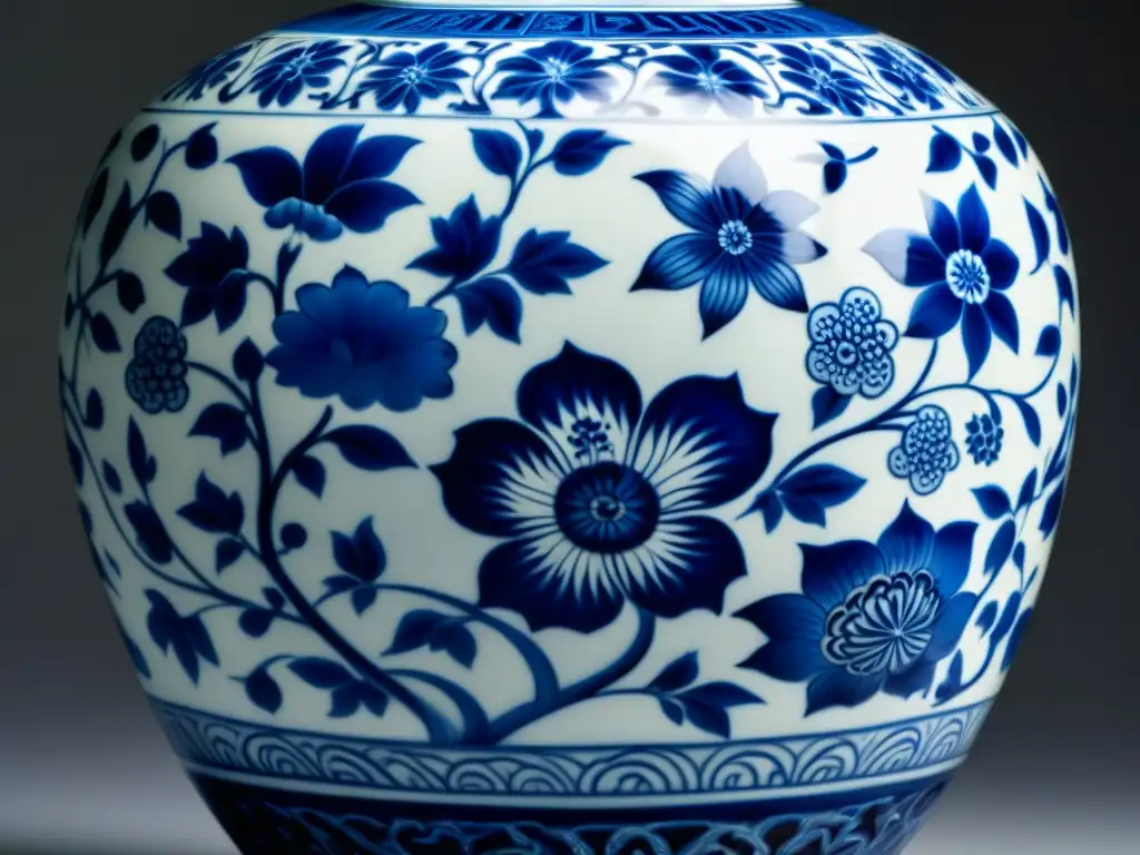 Detalle preciso de un delicado jarrón de porcelana de la dinastía Ming, con intrincados motivos florales azules y blancos