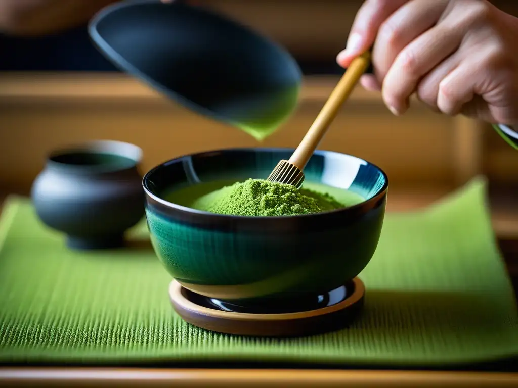 Detalle de la preparación del té verde matcha en ceremonia japonesa, resaltando la historia del té verde matcha