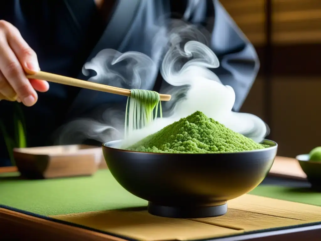 Detalle de la preparación del té verde matcha en ceremonia japonesa