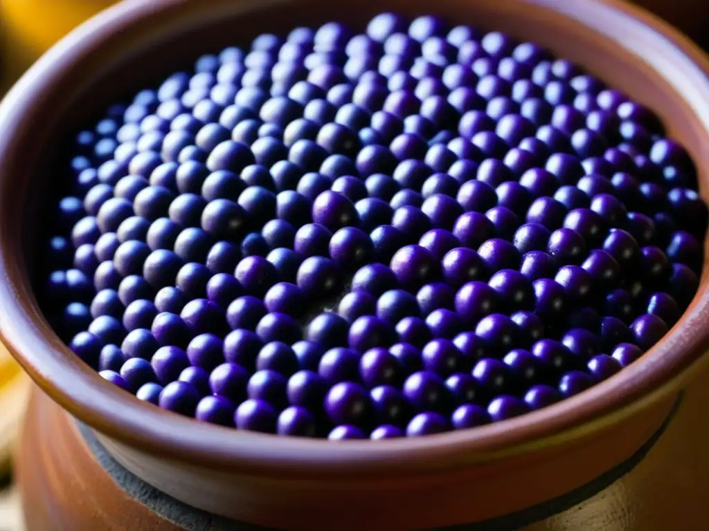 Detalle del proceso de fermentación de chicha sagrada en olla de barro, con maíz morado burbujeante y espumoso