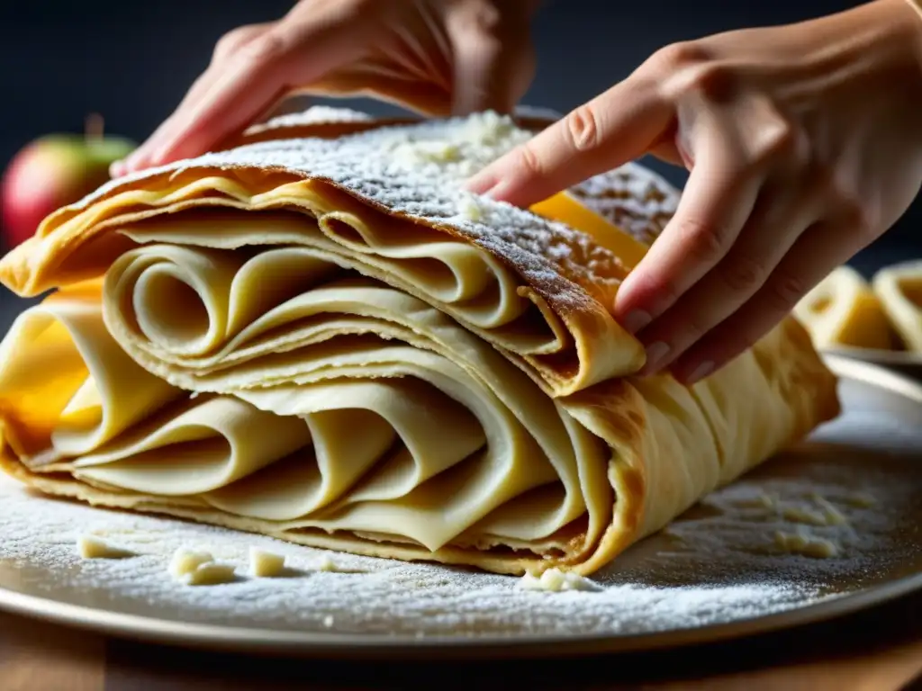 Detalle del proceso tradicional de estirar la masa para strudel de manzana, mostrando la delicadeza y destreza en la preparación