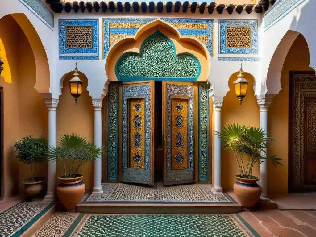 Detalle de una puerta de madera tallada con detalles de latón en un patio de un riad tradicional en Marrakech