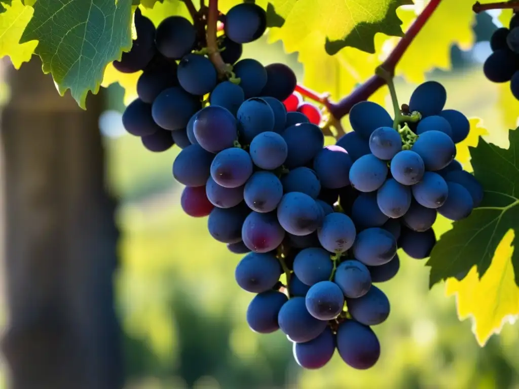 Detalle de racimo de uvas Sangiovese en la cálida luz de la Toscana, evocando la experiencia vinícola en la Toscana