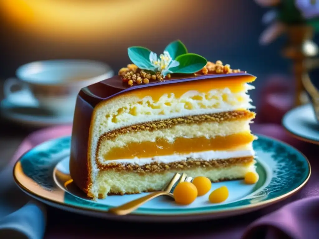 Detalle de una rebanada de Medovik, un postre tradicional de Europa del Este, en un plato de porcelana vintage con migajas doradas