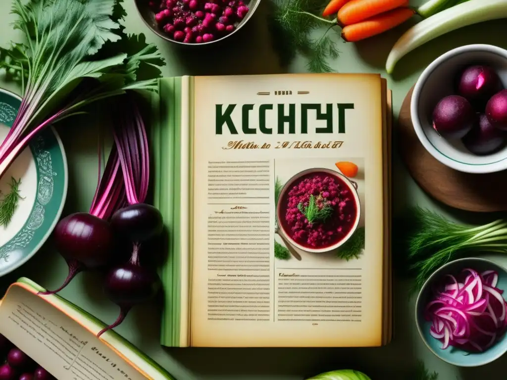 Detalle de receta de borscht en libro soviético vintage: texto en cirílico, ilustraciones y verduras