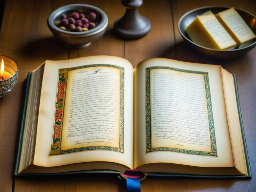 Detalle de recetas históricas en palacio europeo: libro de recetas centenario en mesa de madera con ingredientes ilustrados