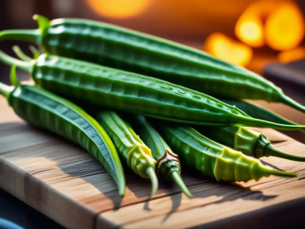 Detalle de okras recién cosechadas en tabla rústica, resaltando su conexión con el legado caribeño en alimentación afroamericana