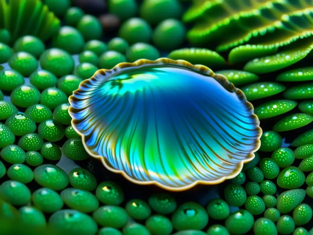 Detalle de un reluciente caparazón de abulón sobre algas verdes brillantes, reflejando la belleza oceánica