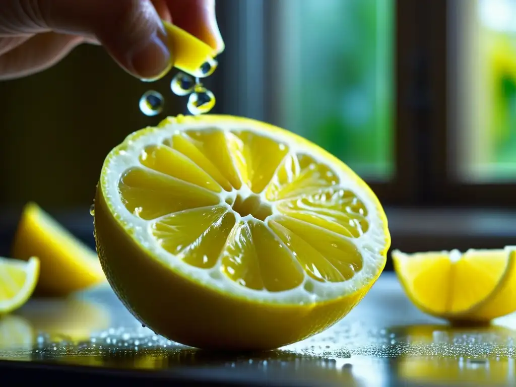 Detalle renacentista: mano cortando un limón, gotas en el aire, texturas brillantes