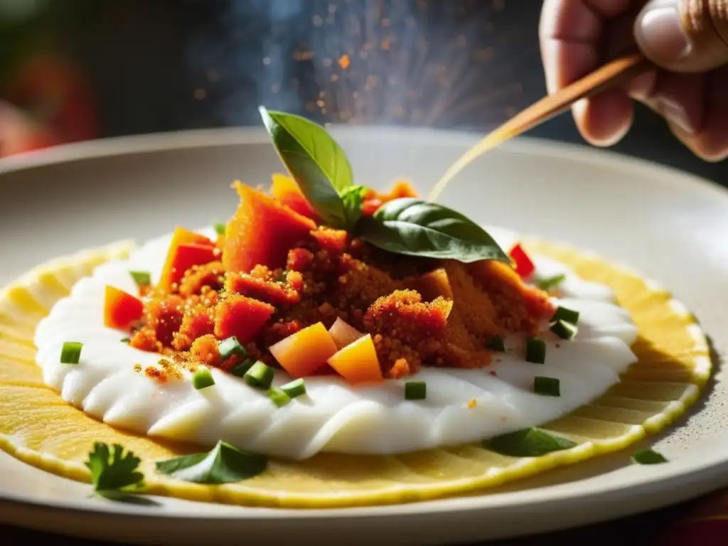 Detalle de paprika roja sobre ceviche peruano, resaltando la importancia de las especias en la cocina sudamericana