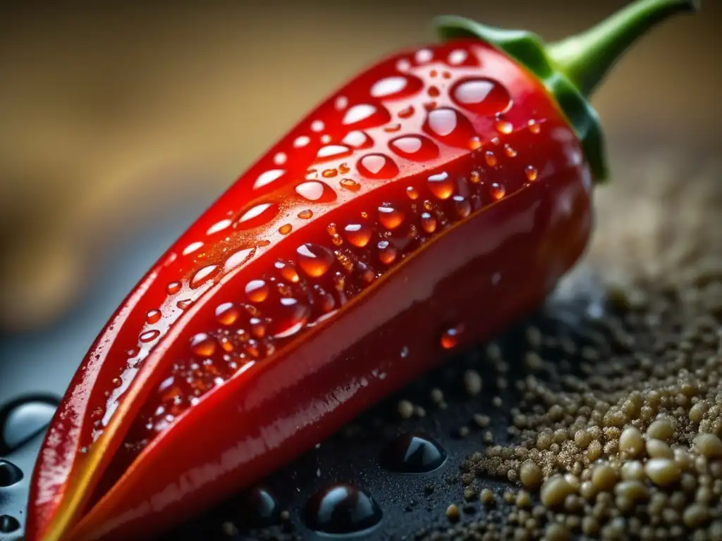 Detalle de chile rojo cubierto de gotas de agua y cacao en polvo