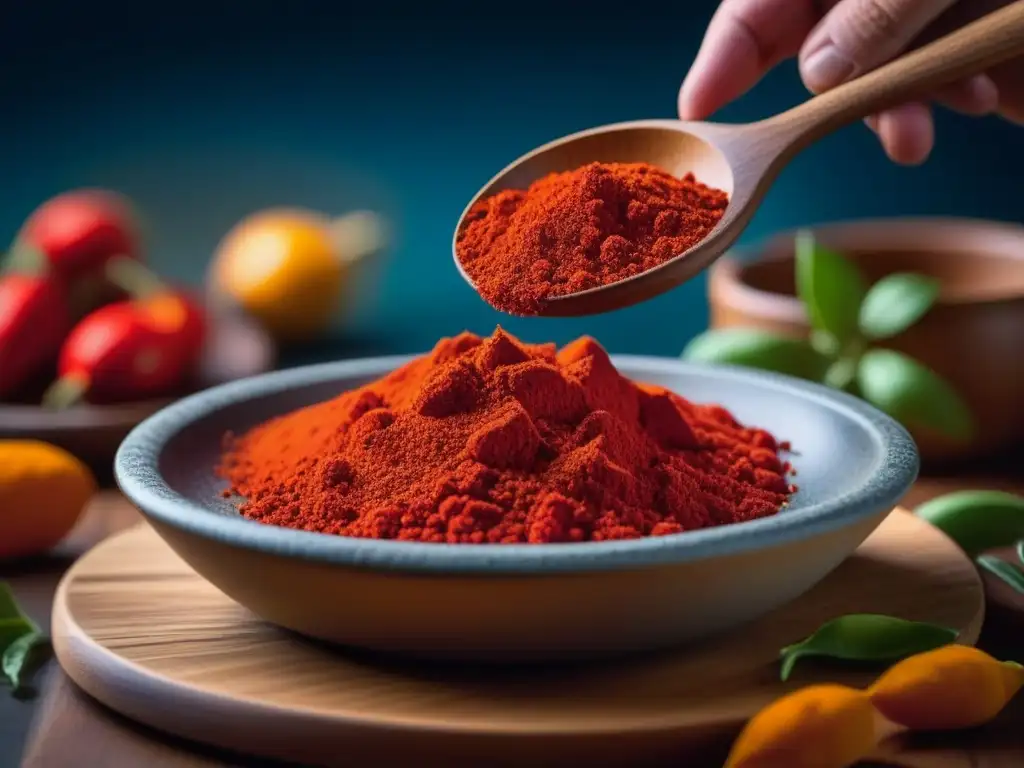 Detalle de pimentón rojo cayendo de una cuchara de madera sobre un plato cerámico, resaltando la riqueza de las especias en la cocina hispanoamericana