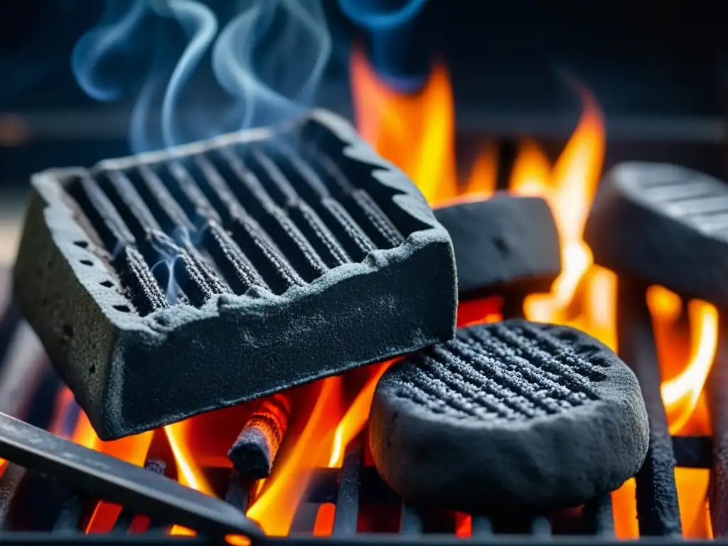 Detalle de carbón al rojo en parrilla, humo sutil