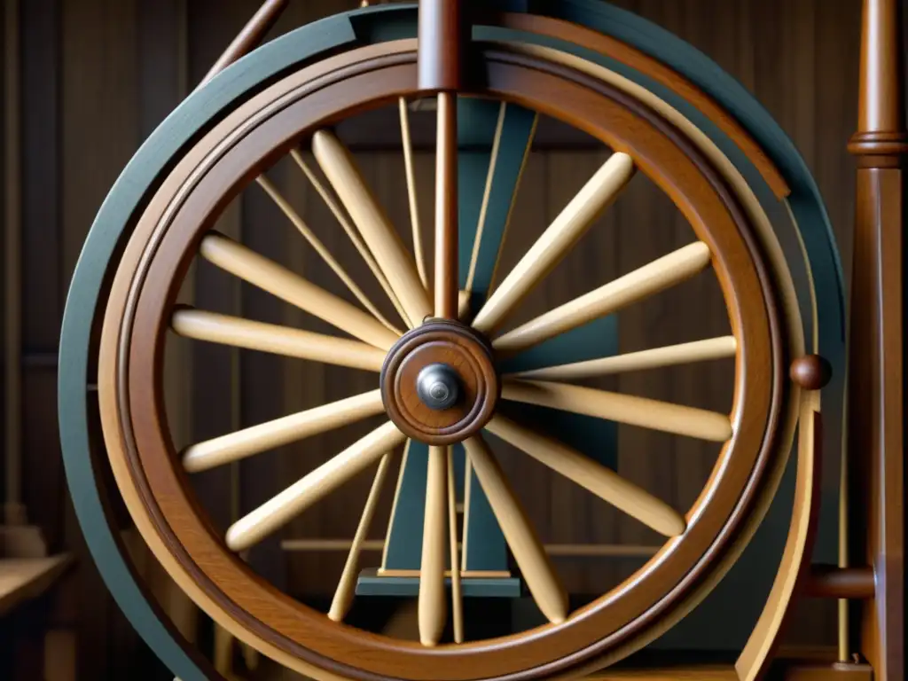 Detalle de una rueca de madera tradicional, símbolo de la Revolución Industrial y sus efectos en las dietas europeas