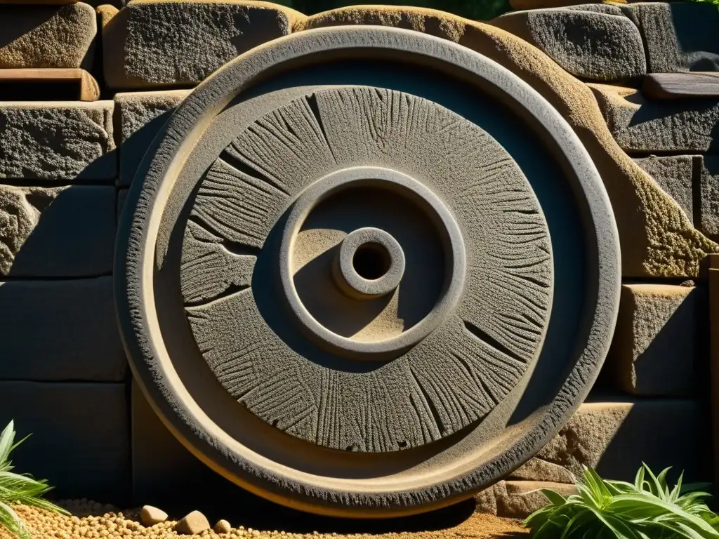 Detalle de rueda de molino de piedra antigua en granja, con desgaste, textura rugosa y granos atrapados