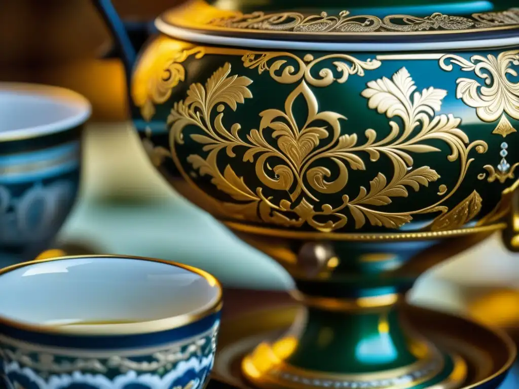 Detalle de un samovar ruso decorado con motivos tradicionales y rodeado de tazas de té, evocando la tradición del té en Rusia