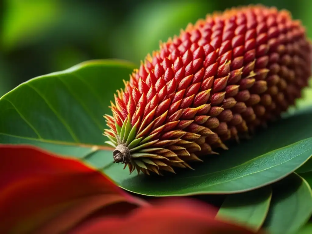 Detalle de semilla de Achiote roja en la selva, resaltando su belleza en la cocina Maya