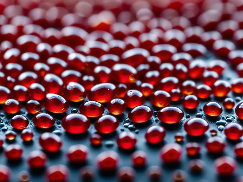 Detalle de semilla de chía roja empapada en agua, mostrando su cubierta gelatinosa y gotas de agua