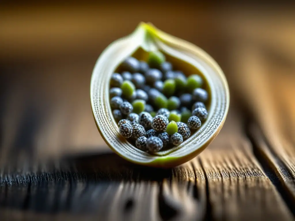 Detalle de semilla de chía en textura de madera, iluminada naturalmente