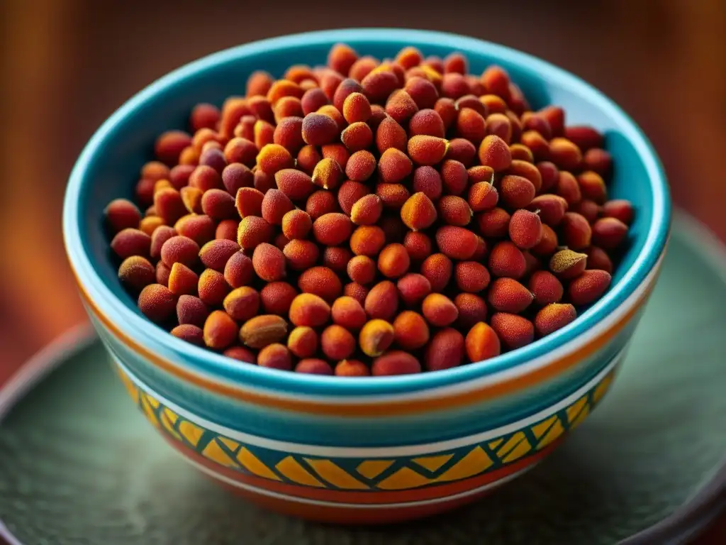 Detalle de semillas de achiote en cuenco maya, resaltando propiedades y usos del achiote