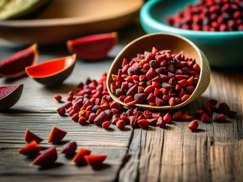 Detalle de semillas de achiote rojo en mesa rústica con molcajete maya, para recetas históricas mayas fortalecer sistema inmune