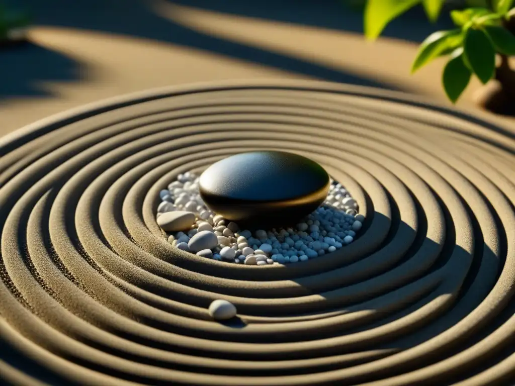 Detalle de jardín Zen sereno con patrones de grava y piedras, evocando la tranquilidad de la Dieta Zen evolución historia cultural