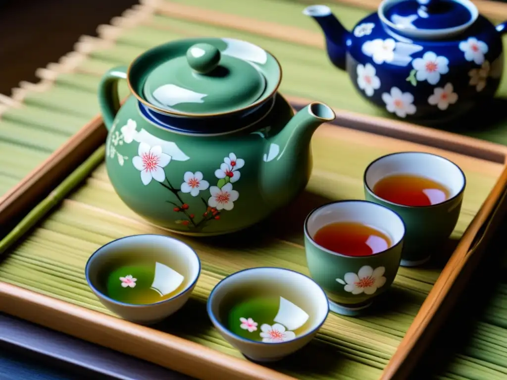 Detalle de un set de té japonés con diseño de cerezos, resaltando la importancia cultural de los utensilios de cerámica en la ceremonia del té