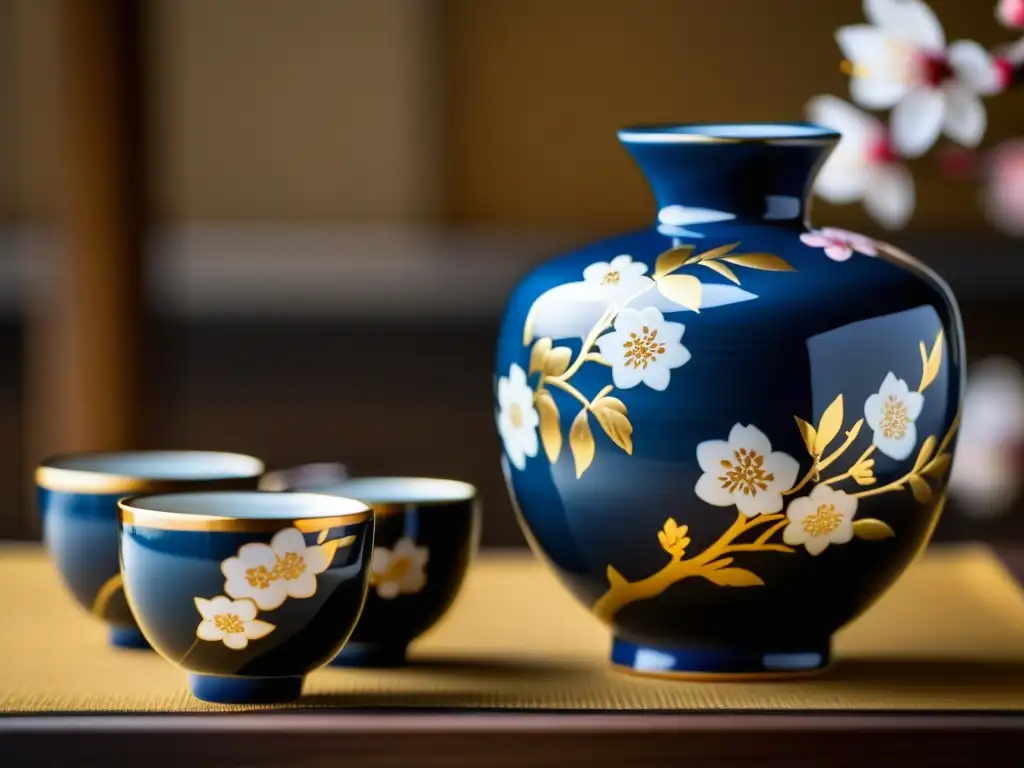 Detalle de un set de sake japonés con motivos de cerezos pintados a mano y acentos dorados