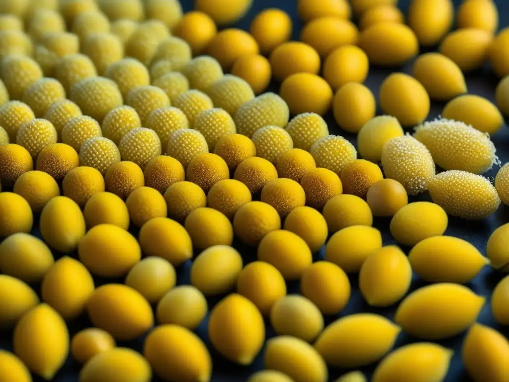 Detalle sorprendente de un grano de polenta dorada, resaltando su textura e historia