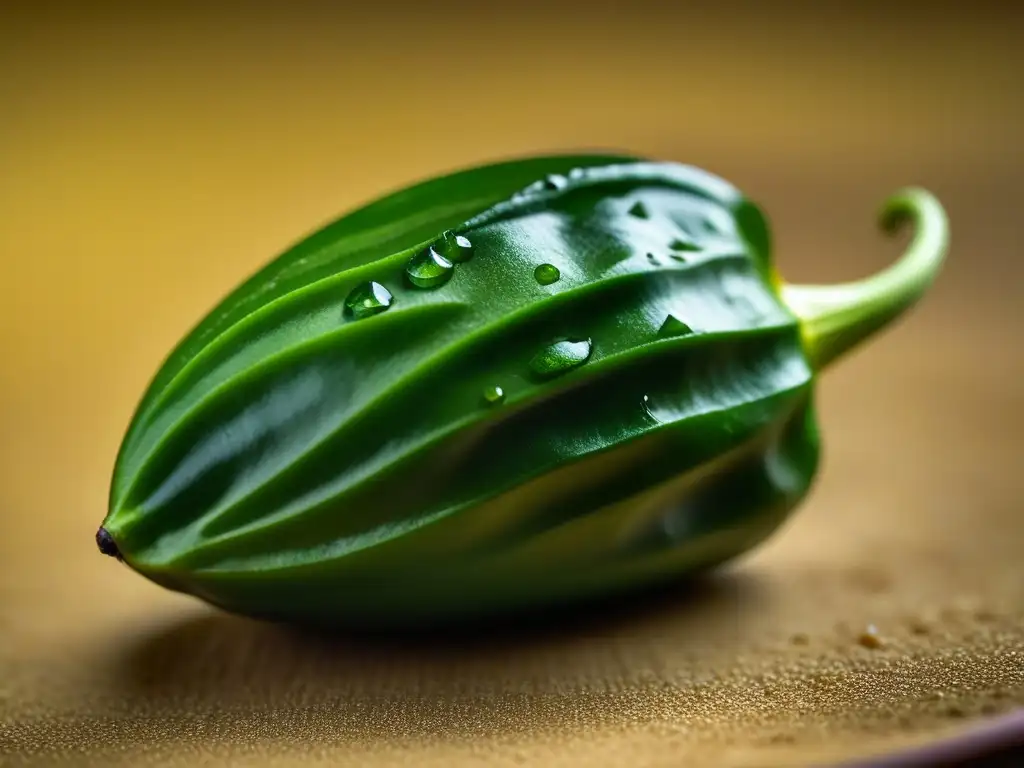 Detalle sorprendente de un chile poblano recién cosechado, con tonos verdes vibrantes y gotas de agua brillantes bajo luz natural