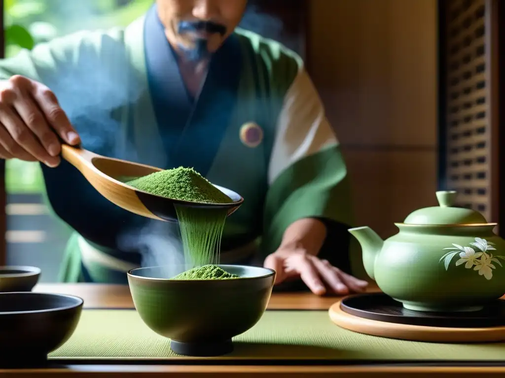 Detalle sublime de la ceremonia del té en Kamakura, con maestro preparando matcha