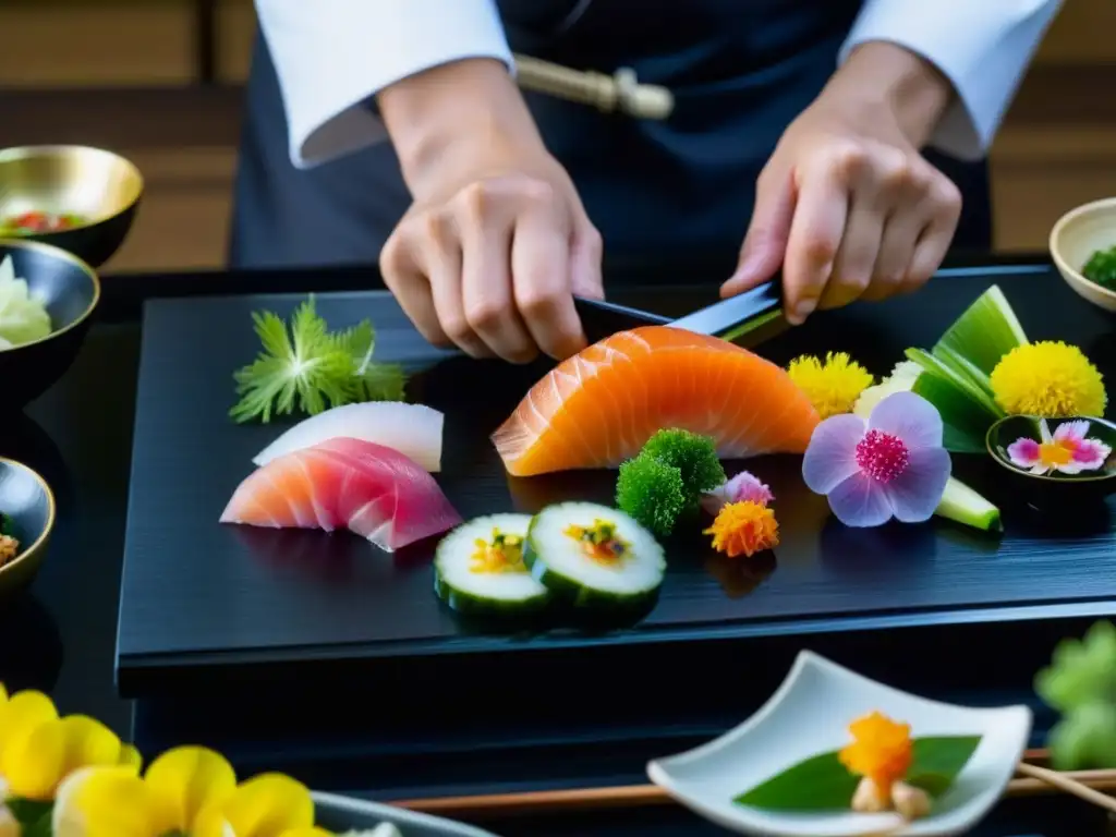 Detalle sublime de un chef japonés en plena creación de un plato Kaiseki