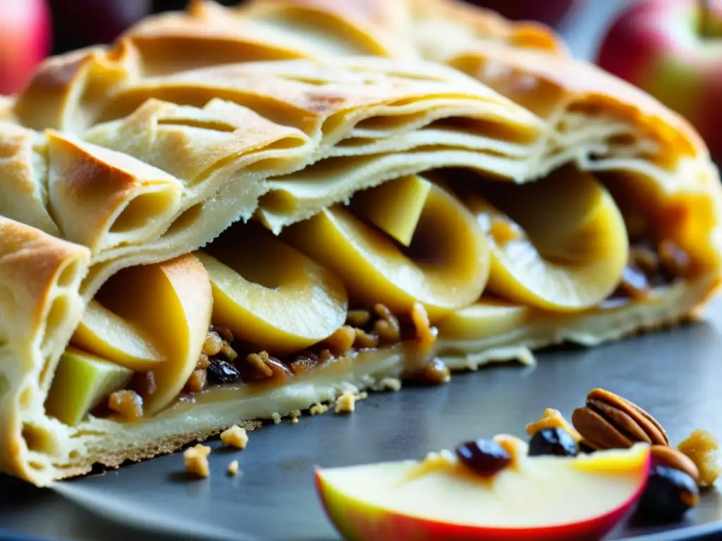 Detalle de un suculento strudel de manzana dorado y escamoso, resaltando la historia del strudel de manzana