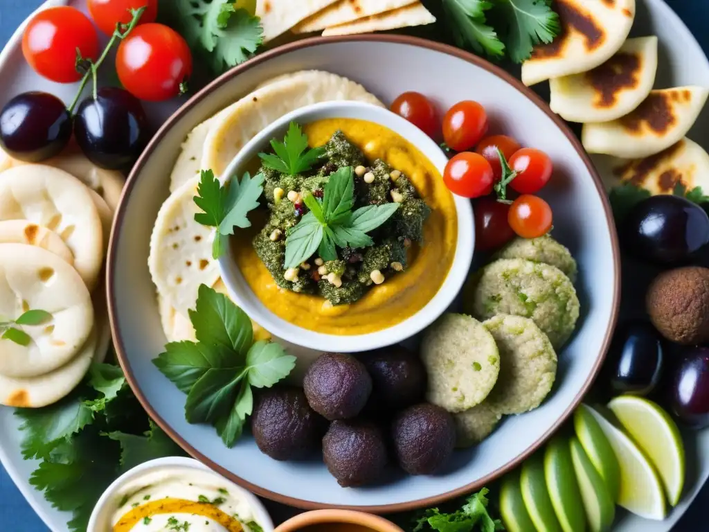 Detalle de un surtido de mezze árabe tradicional resaltando influencia culinaria griega, romana y otomana