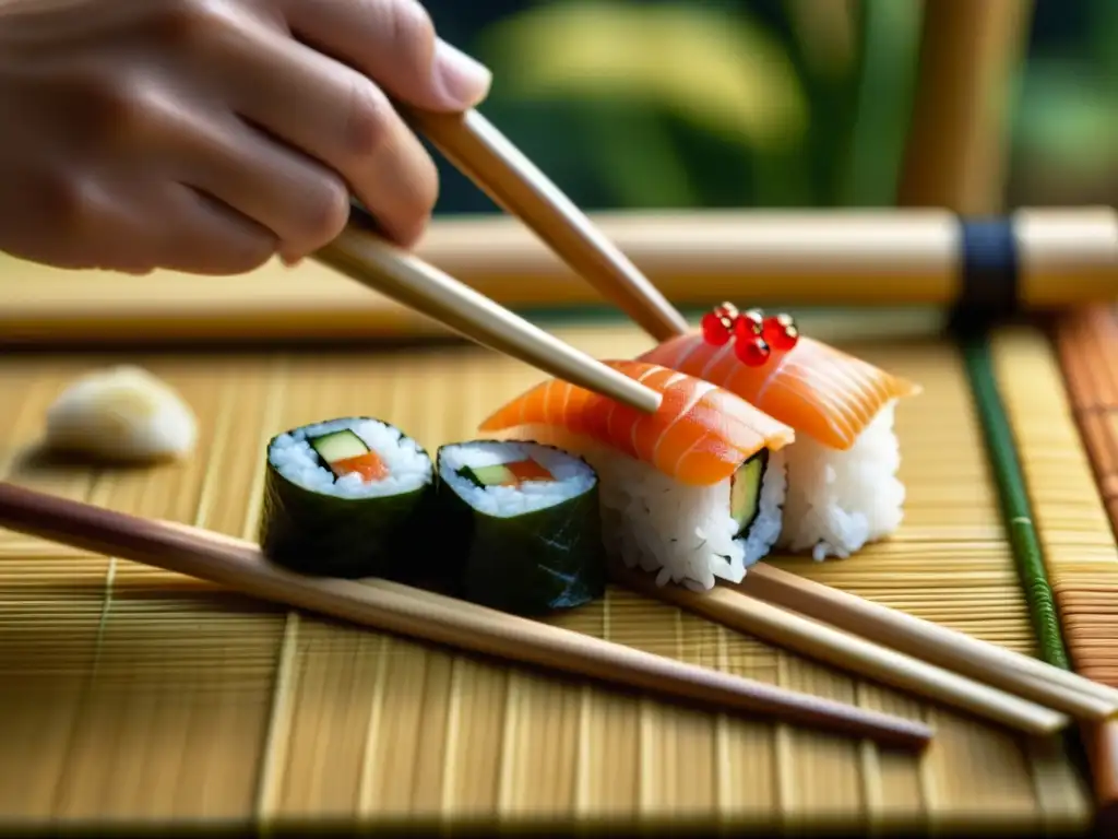 Detalle de sushi tomado con palillos, ambiente japonés con productos asiáticos gastronomía europea historia