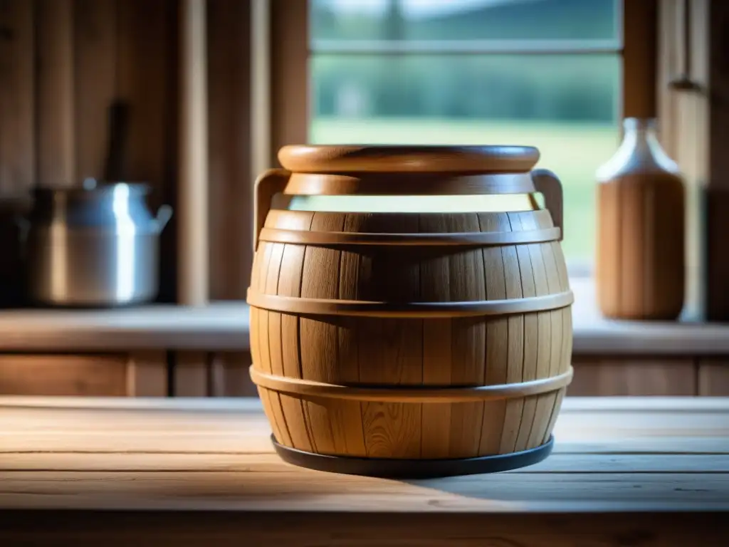 Detalle tallado en antigua barrica de madera para fermentar leche en cocina rústica escandinava