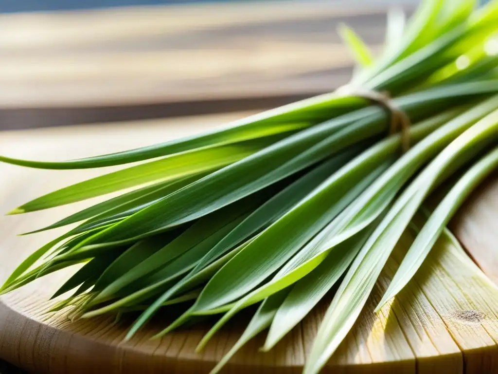 Detalle de tallos de Lemongrass recién cosechados en tabla de cortar de madera, resaltando su frescura y belleza natural en la cocina asiática