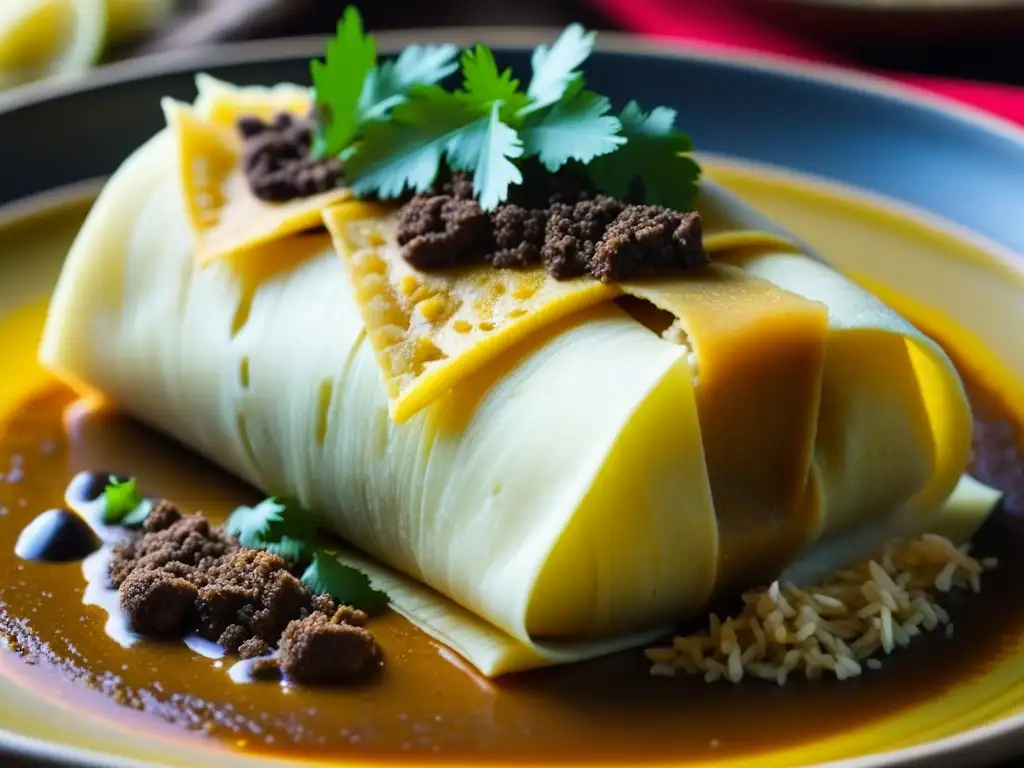 Detalle del tamal azteca recién cocinado, mostrando sus capas de masa de maíz, pollo deshebrado, mole y semillas de sésamo