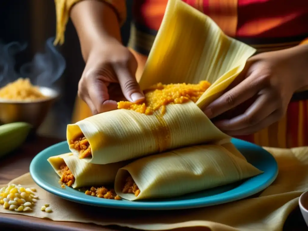 Detalle de un tamal caliente desenrollándose, mostrando capas de masa, relleno y hoja de maíz