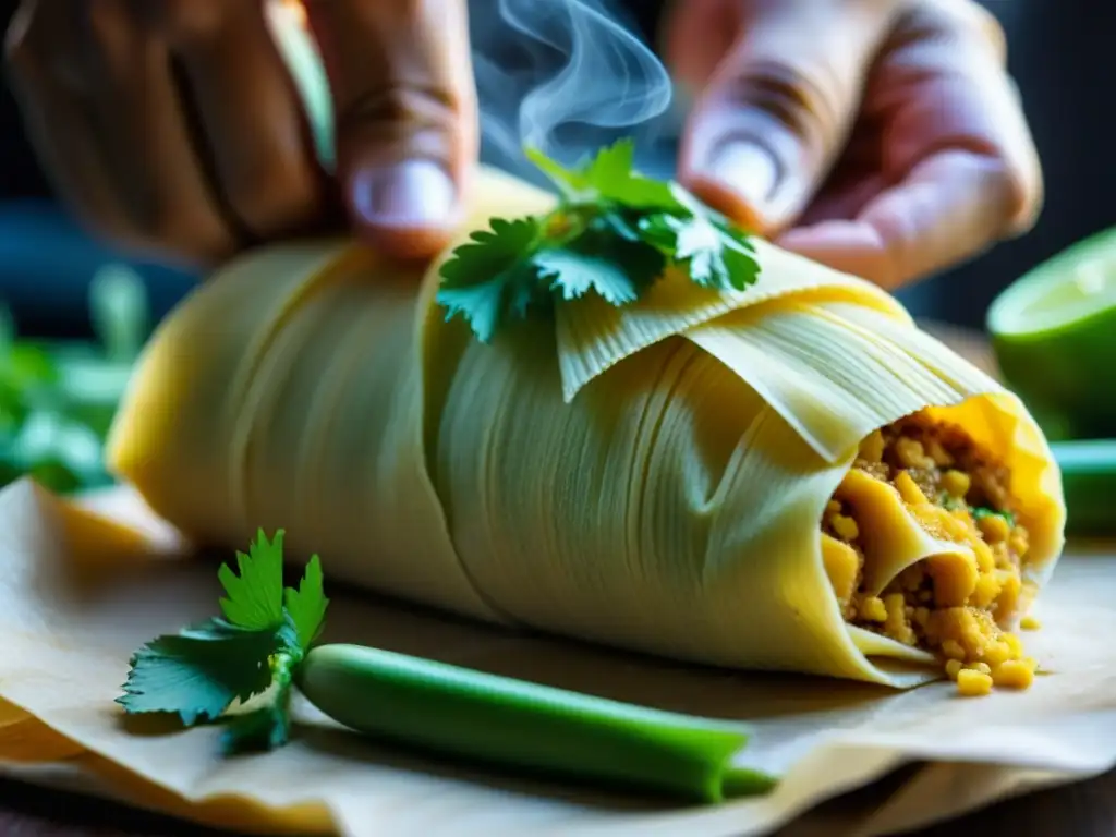 Detalle de un tamal recién hecho, desprendiéndose de su hoja de maíz, con masa húmeda y relleno sabroso