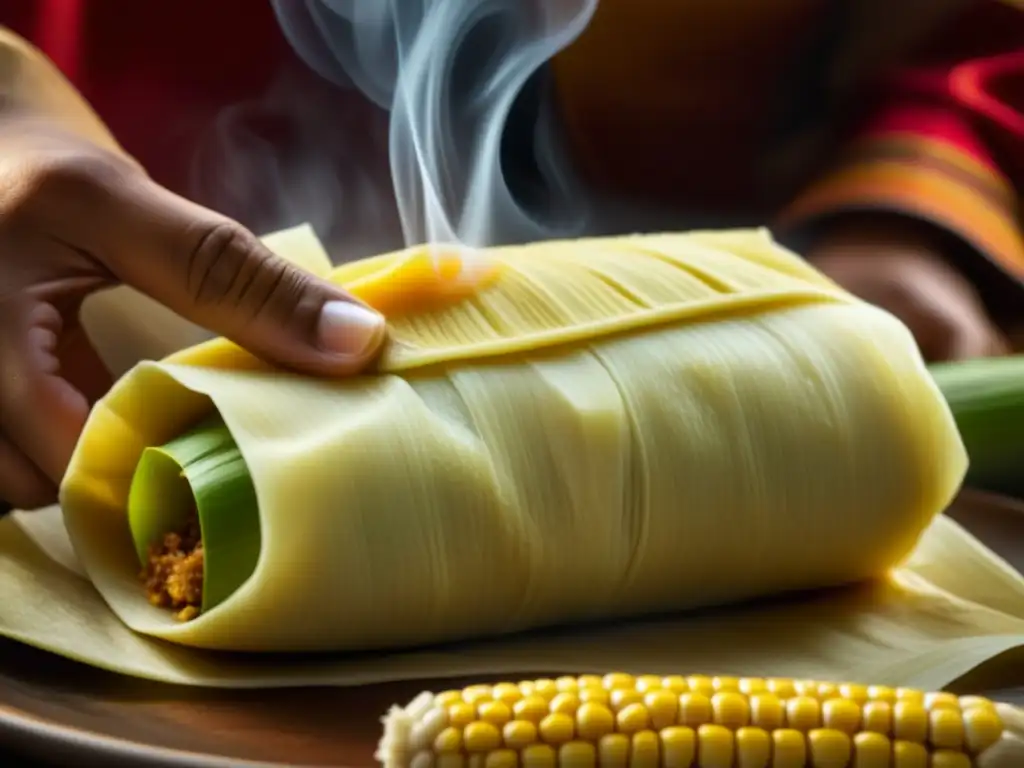 Detalle del tamal tradicional de Candelaria México deshaciéndose, mostrando capas de masa y relleno, con vapor aromático