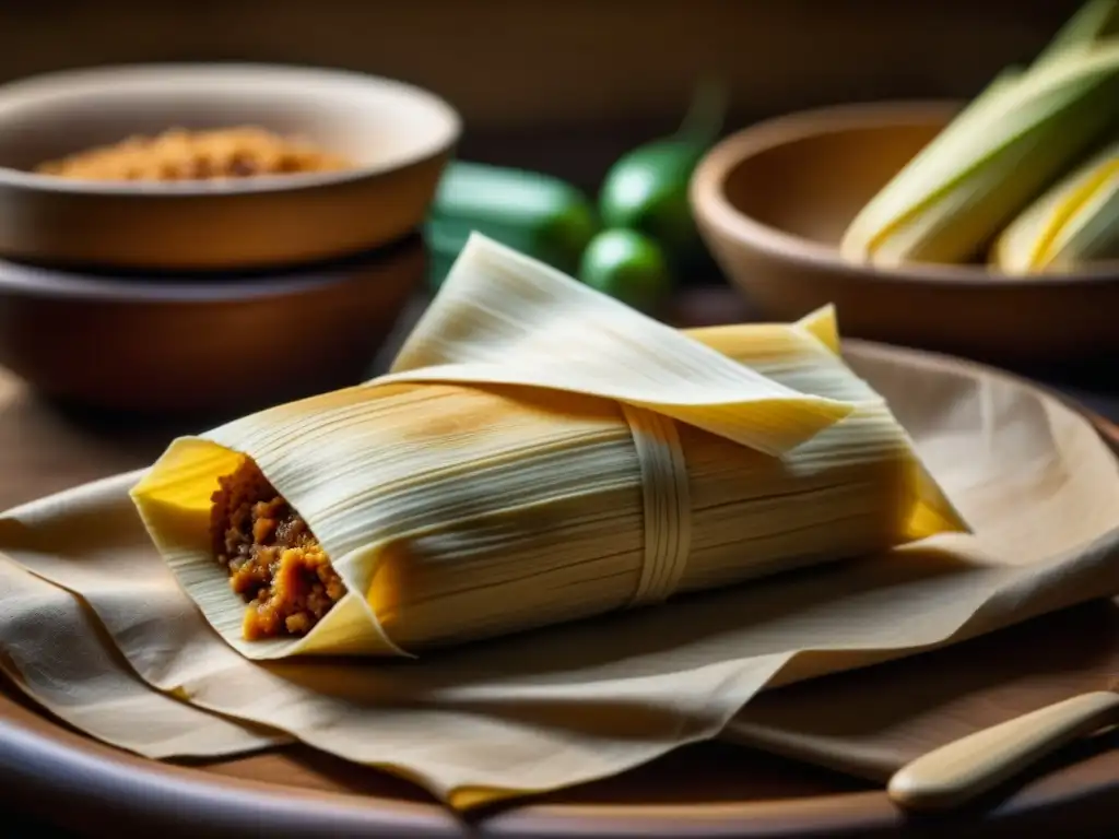 Detalle de un tamal tradicional en un entorno colonial, evocando la Evolución de los tamales históricos