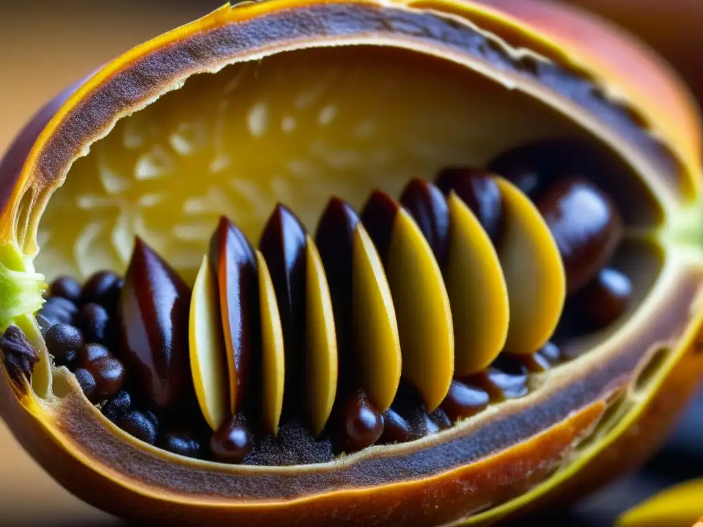 Detalle de un tamarindo abierto, mostrando su pulpa oscura y brillantes semillas